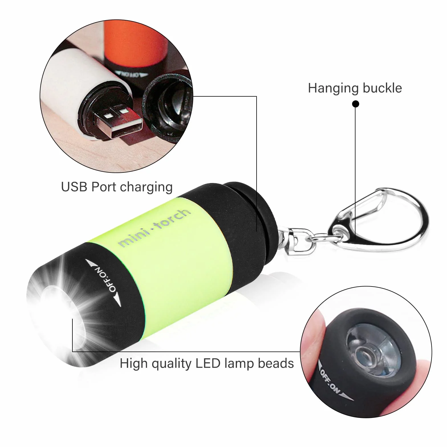 Mini lampe de poche LED rechargeable USB IPX8 étanche pour enfants avec porte-clés, 6 pièces