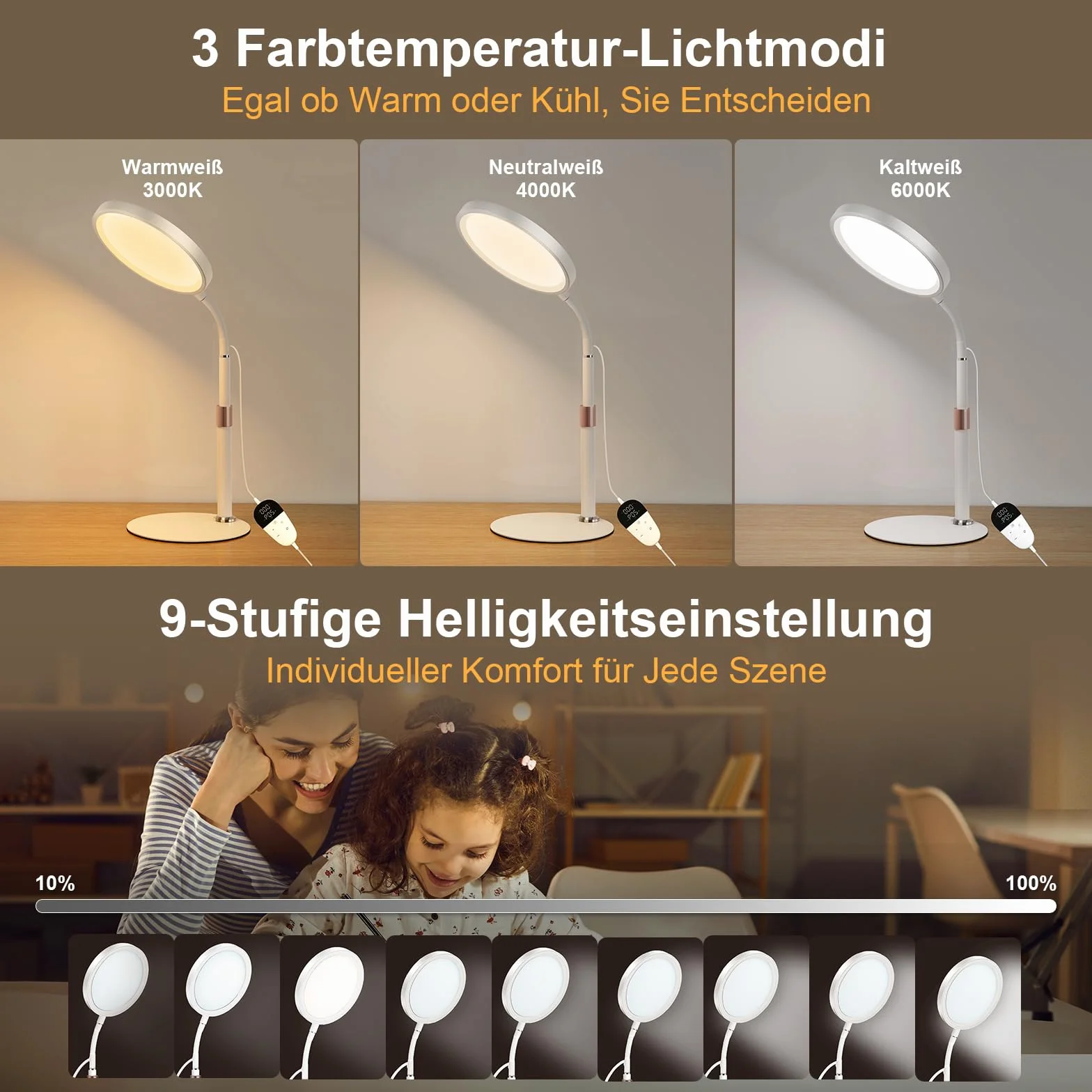 Lampe de Luminothérapie SAD 10 000 Lux Sans UV, 3 Températures de Couleur, 9 Niveaux de Luminosité, Minuterie 15/30/45 Minutes