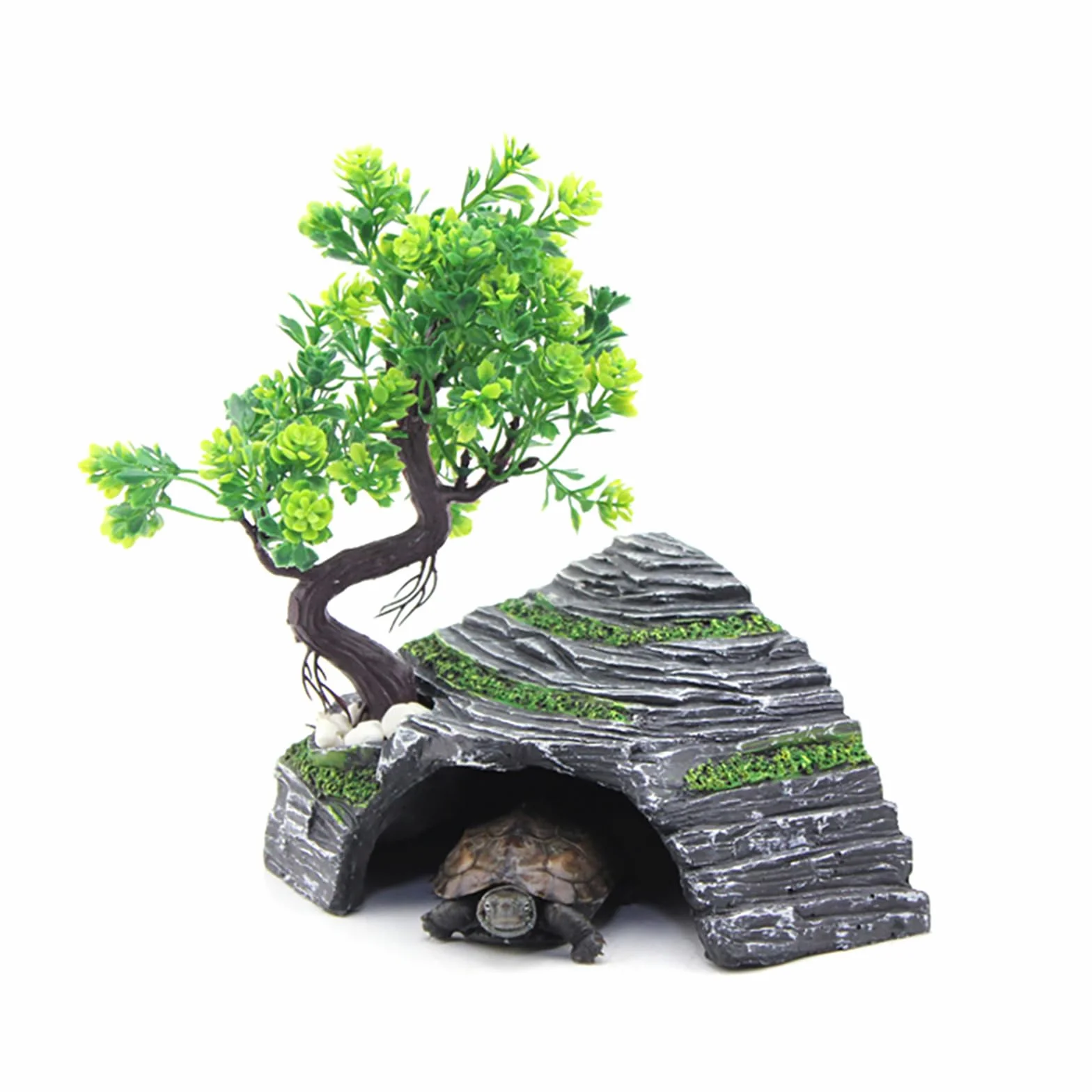 Omem Abri pour Reptiles Terrarium Cachette Rampe pour Tortue Plateforme Décoration d'habitat Humidificateur en résine (M)