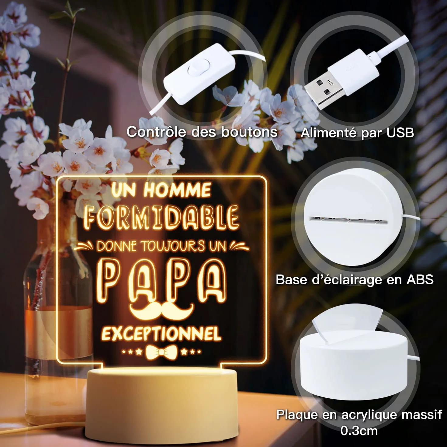Cadeau Fête des Pères Veilleuse en Acrylique Idée Cadeaux Anniversaire Noël Papa Grand-père
