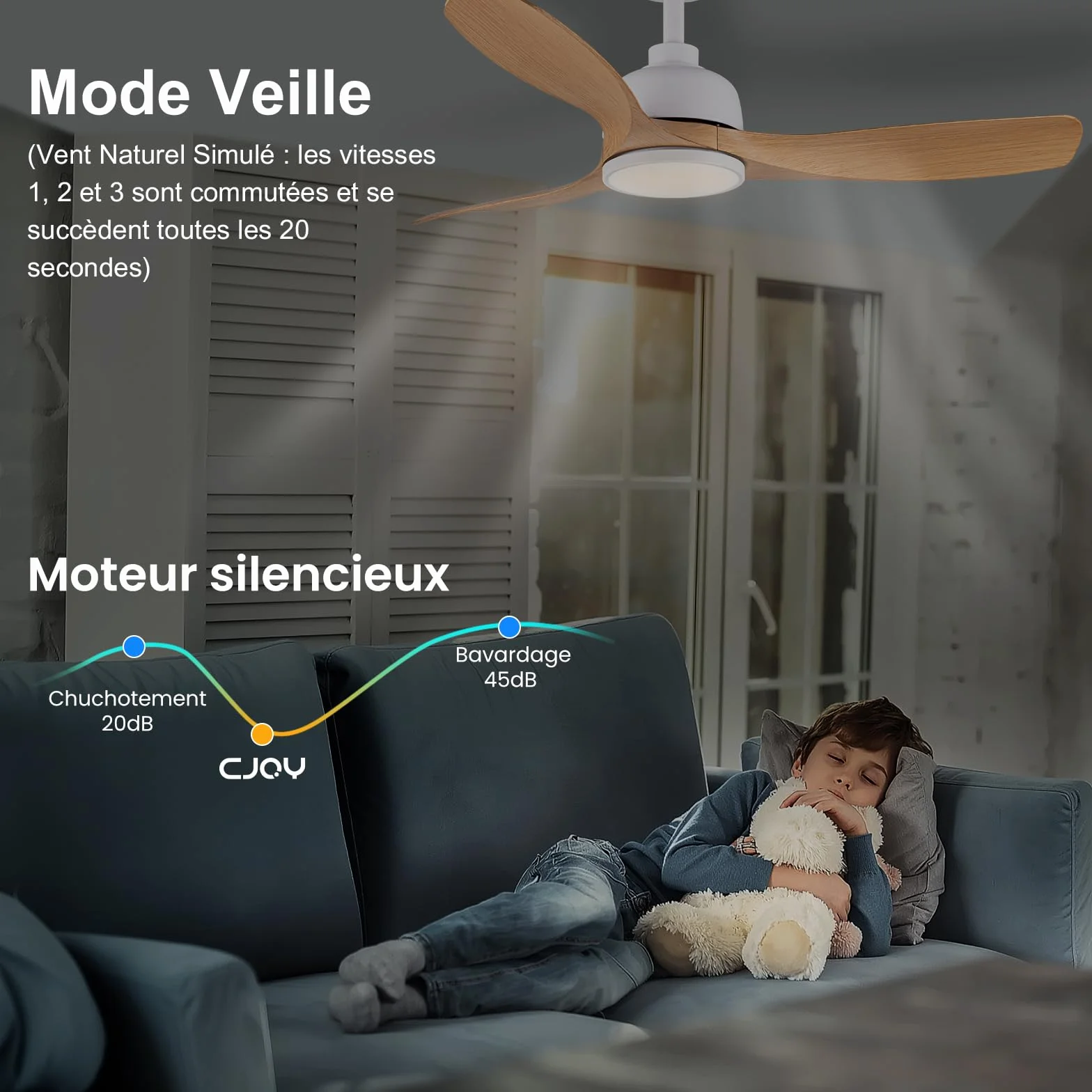 CJOY Ventilateur Plafond avec Lumiere 107cm Bois Telecommande 6 Vitesses Minuterie 3 CCT Dimmable Silencieux