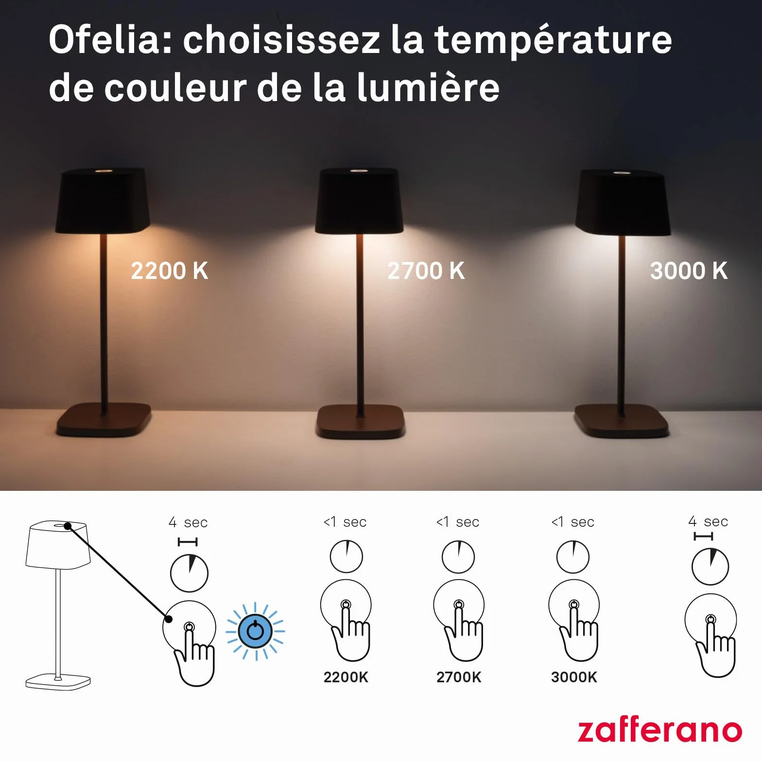Zafferano Ofelia Lampe de Table Rechargeable Sans Fil Contrôle Tactile Dimmer 2200-3000 K Hauteur 29 cm Gris Foncé