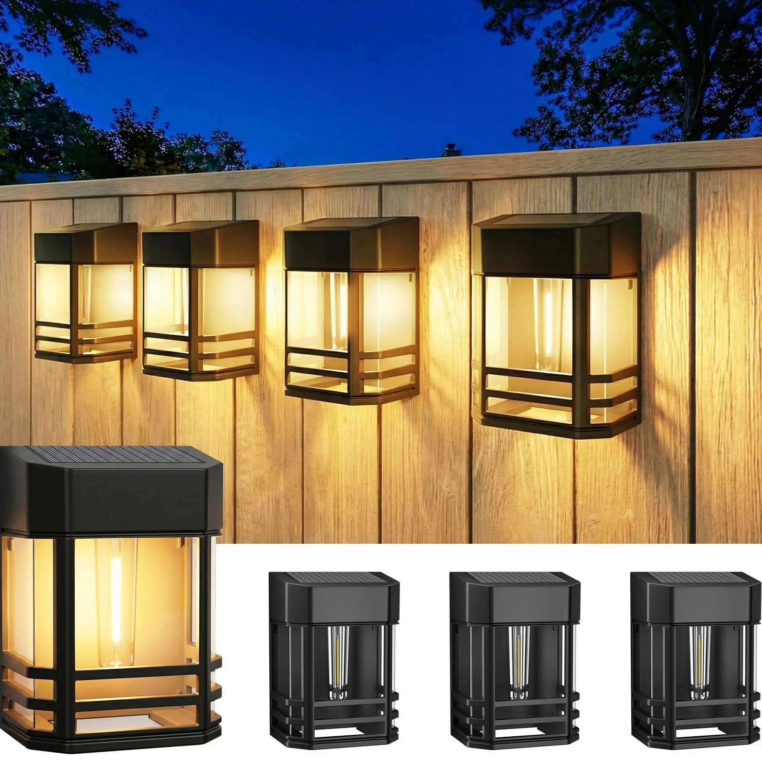 Lot de 4 Lampe Solaire Extérieur Rétro LED IP65 Étanche Applique Murale Blanc Chaud