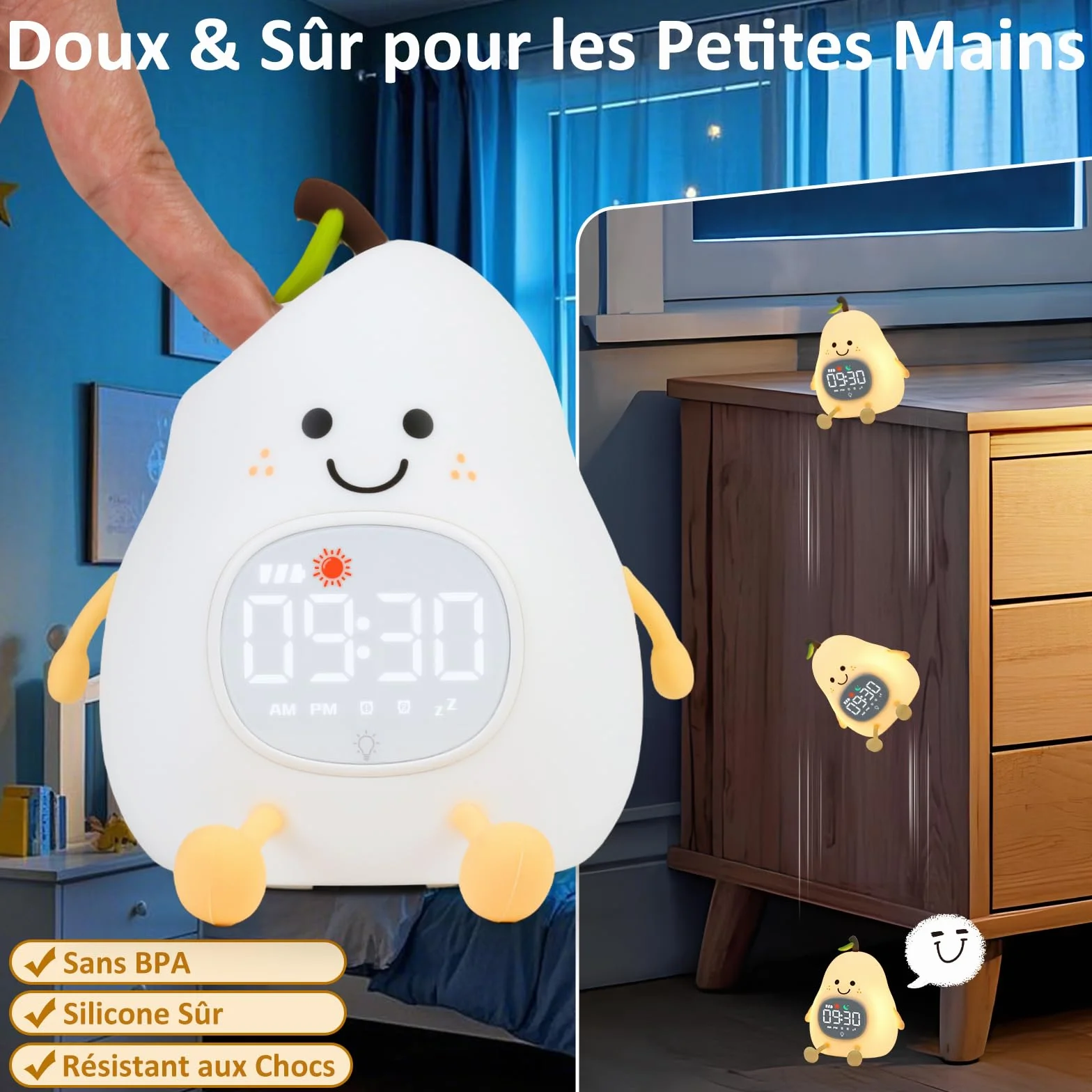 Réveil Enfant Éducatif Jour/Nuit Lumineux en Silicone avec Veilleuse