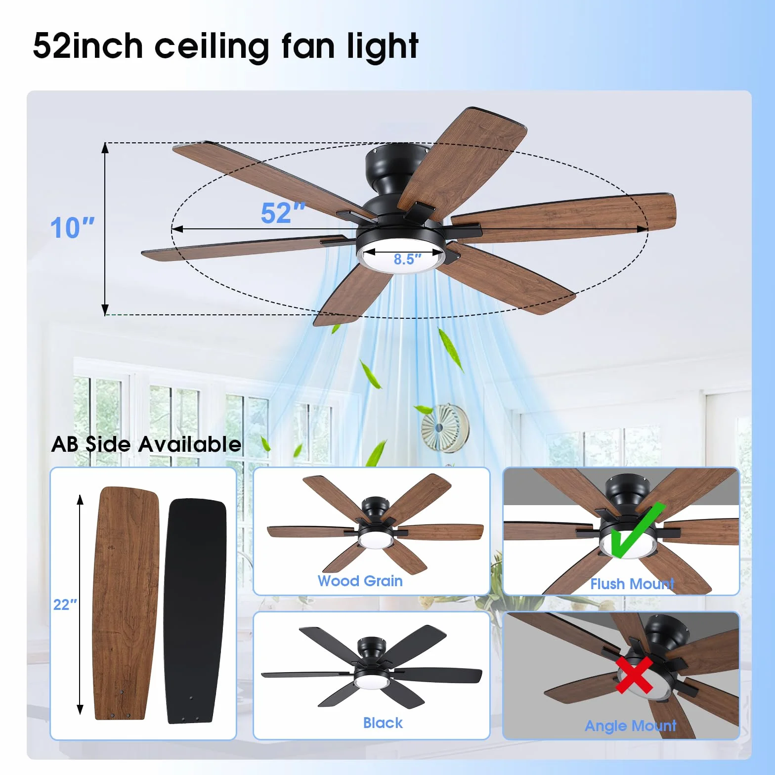Ventilateur de plafond 132 cm avec lumière, télécommande et APP, 6 pales réversibles, couleur dimmable, marron