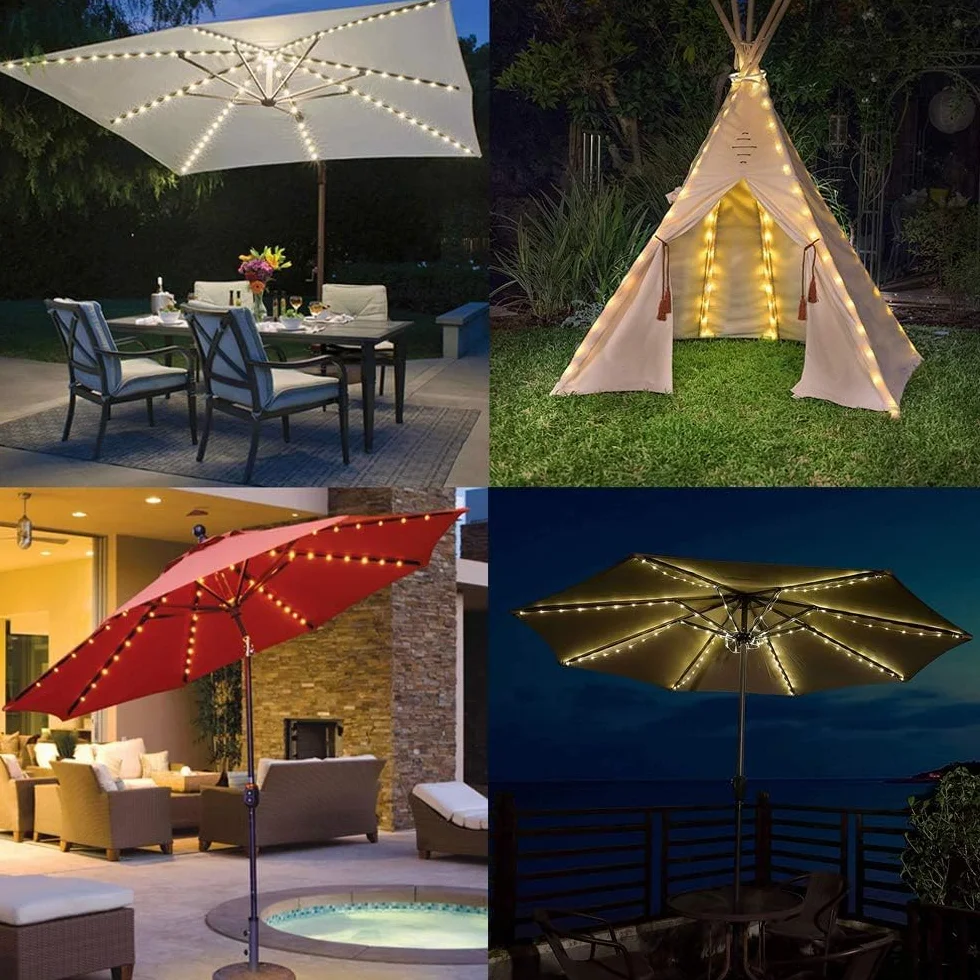 KINGCOO Guirlande Lumineuse Parasol 104LED Etanche Lampes pour Parasol de patio à piles Télécommande 8 Modes Blanc chaud