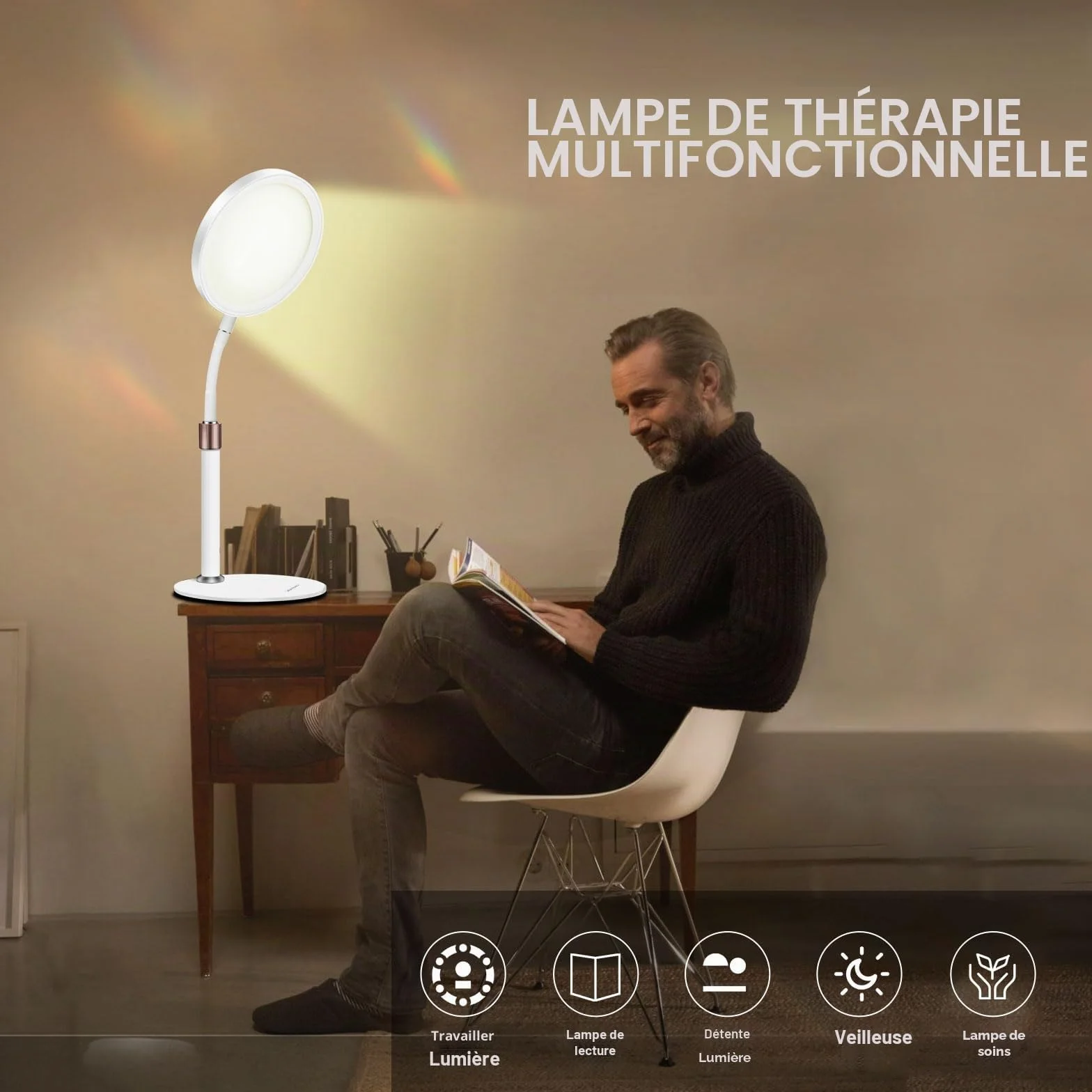 Lampe Lumière du Jour 10000 Lux, Lampe de Bureau avec Col de Cygne 360°, 3 Couleurs, 9 Luminosités, Minuterie 15/30/45 Min (Blanc)