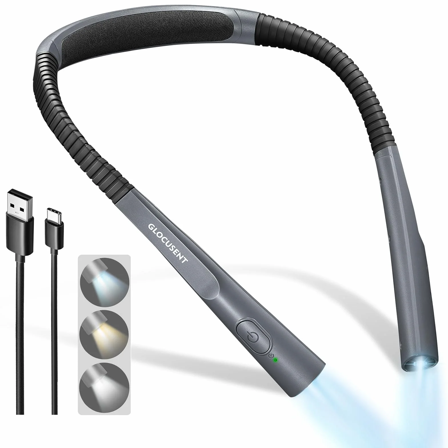 Glocusent Lampe de Lecture de Cou Rechargeable, 3 Couleurs, 3 Niveaux de Luminosité, 80 Heures, Minuterie 30 Minutes