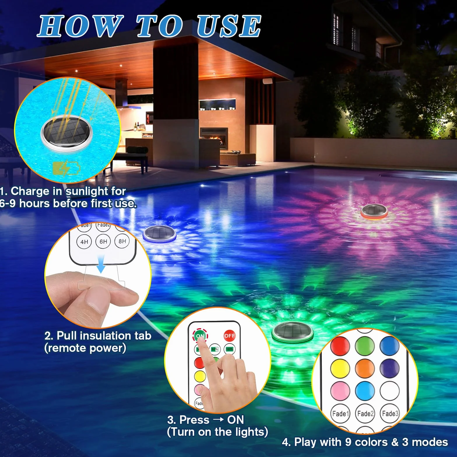 Qoolife Lampe Flottante Solaire pour Piscine Lot de 2 - Lumière Submersible IPX7, 12 Modes de Couleur, Minuterie