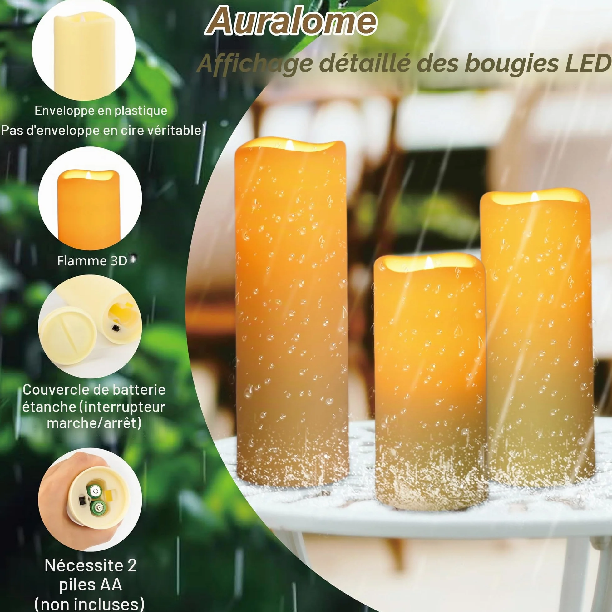 Bougies LED Sans Flamme Lot de 3 Extérieure Étanche avec Télécommande