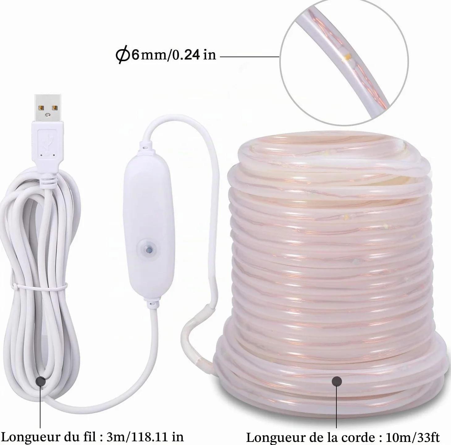 Lumières de corde LED 10M USB 100 LED IP65 Fil de cuivre Fée Décorations Noël