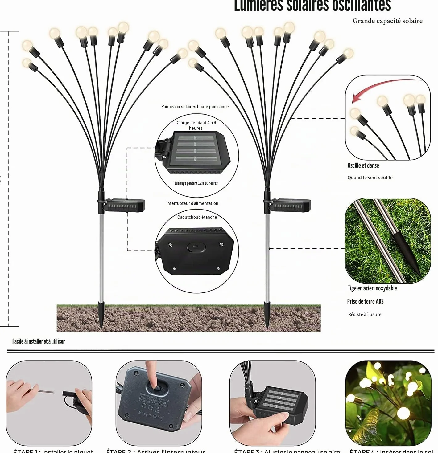 Kizozo Lampe Solaire Jardin 40LED IP65 Étanche Blanc Chaud