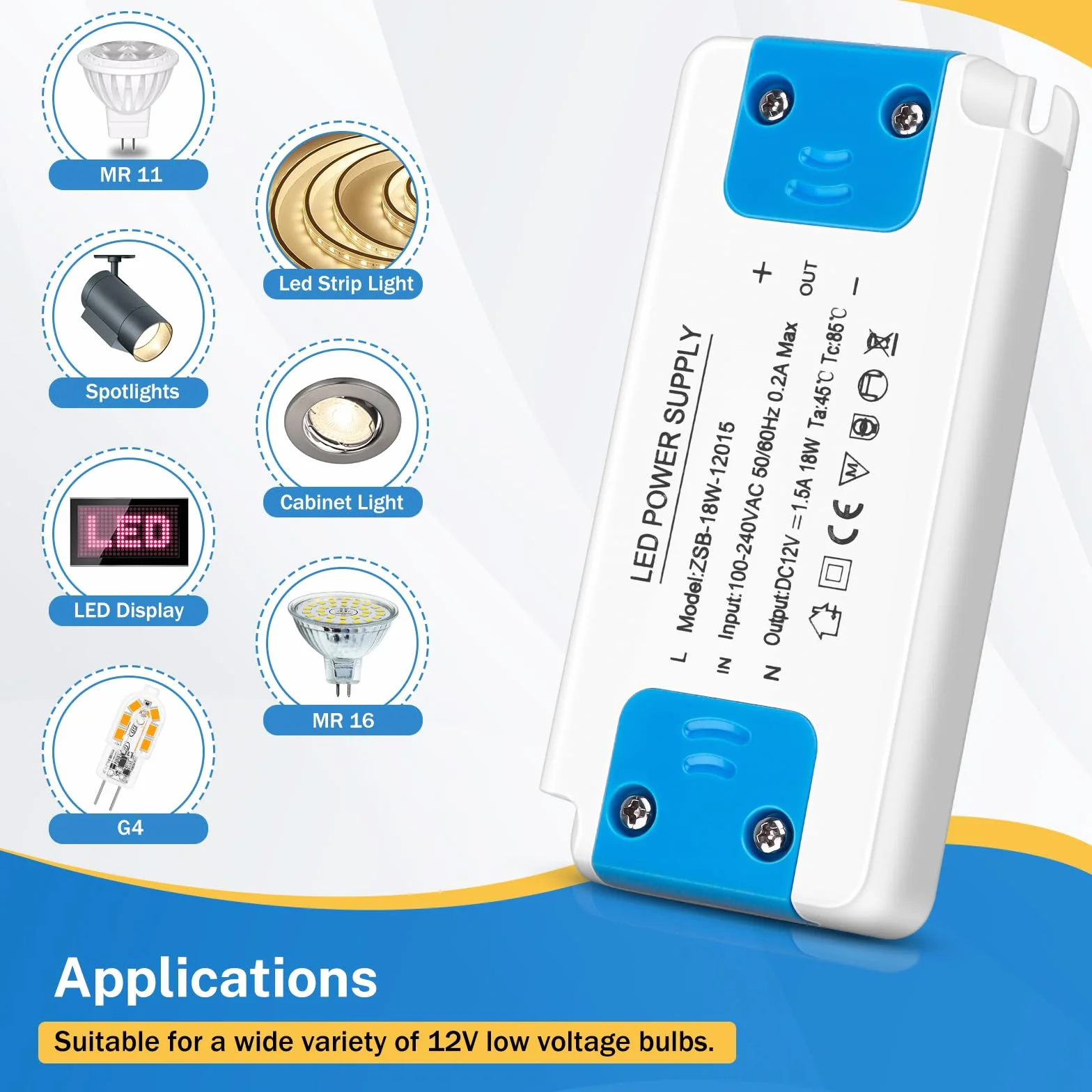 Transformateur LED 220-240V DC 12V 1.5A 18W Convertisseur Alimentation Tension Constante pour G4 MR11 GU4 MR16 GU5.3