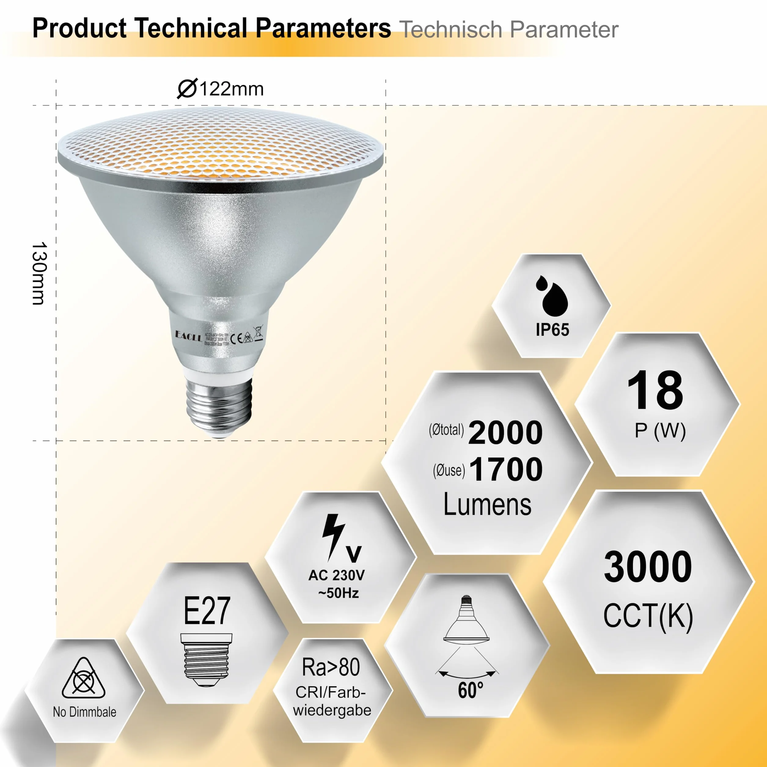 EACLL IP65 Ampoule LED E27 PAR38 Blanc Chaud 18W 1700 Lumens 3000K Lot de 2
