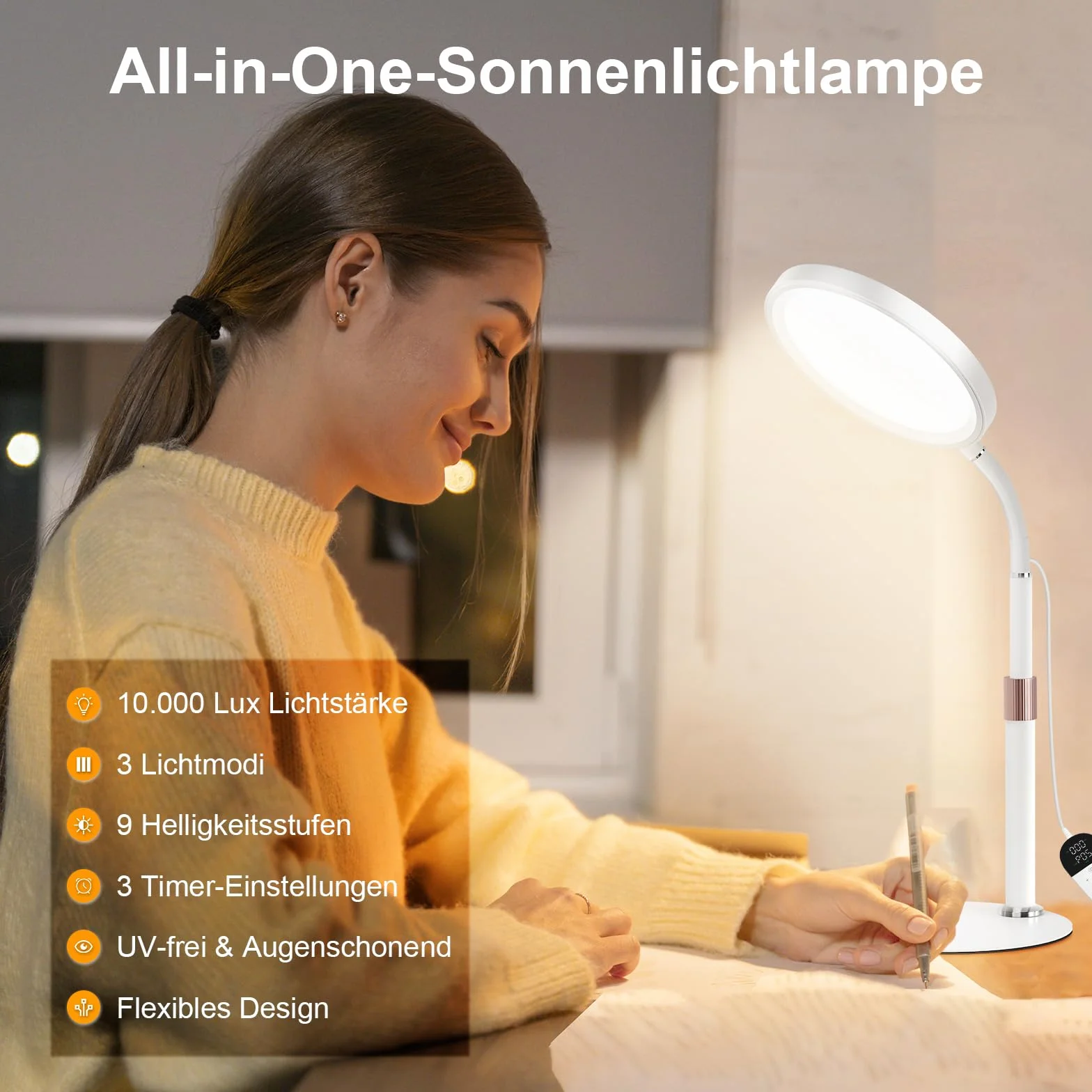 Lampe de Luminothérapie SAD 10 000 Lux Sans UV, 3 Températures de Couleur, 9 Niveaux de Luminosité, Minuterie 15/30/45 Minutes