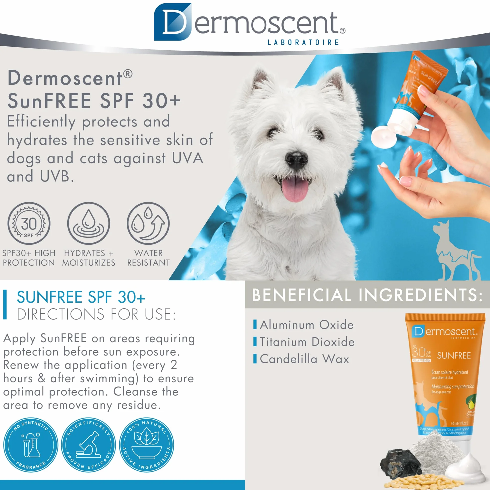 Dermoscent SunFREE SPF30+ Écran Solaire Hydratant Protection Minérale Non Grasse Résistant à l'Eau 30 ml