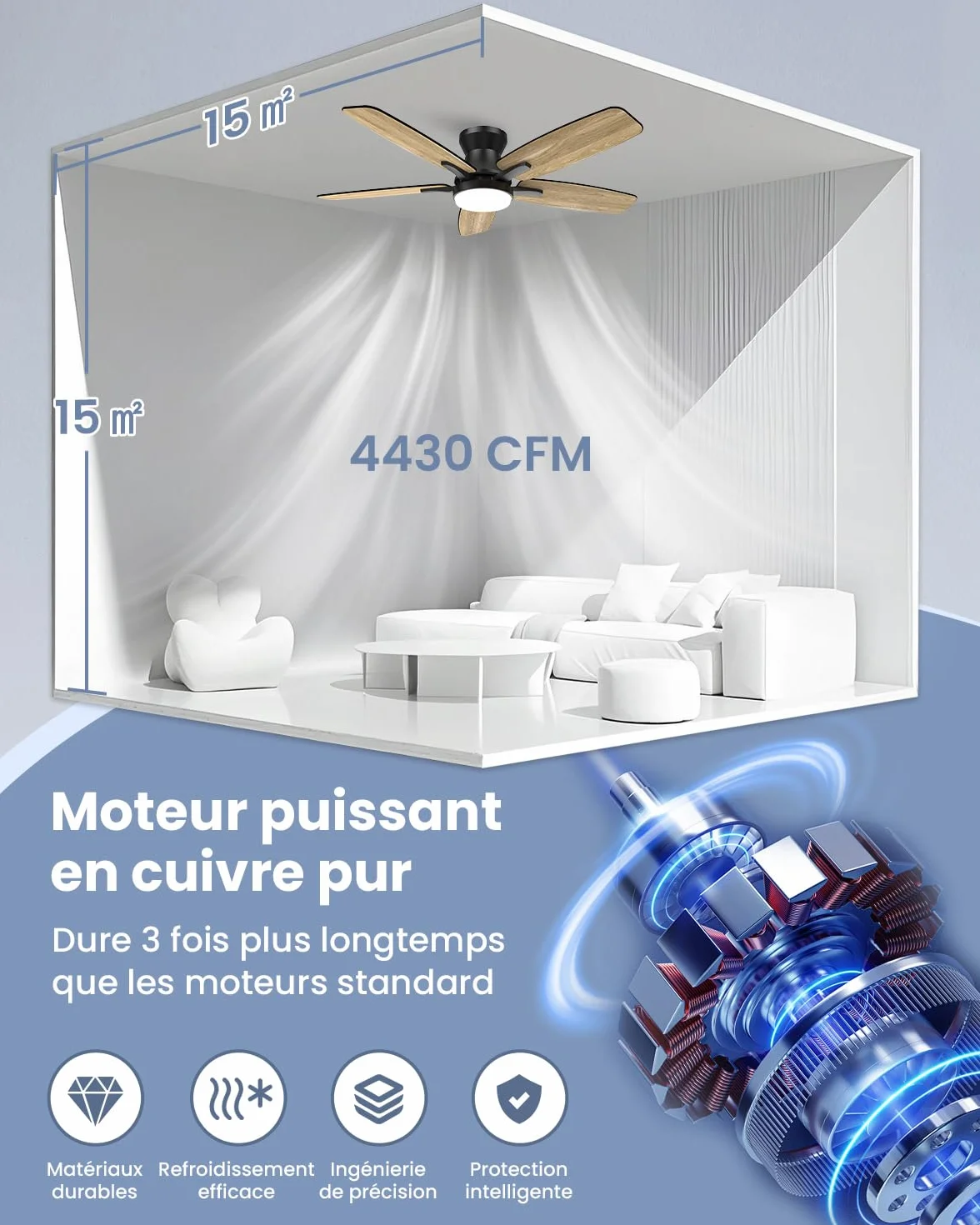 Airwit Ventilateur Plafond 106cm avec Lumiere Double Face Pale Silencieux LED Telecommande Reversible DC Moteur
