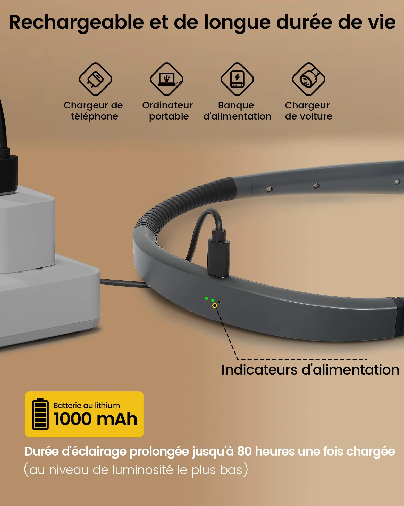 Glocusent Lampe de Lecture de Cou Rechargeable, 3 Couleurs, 3 Niveaux de Luminosité, 80 Heures, Minuterie 30 Minutes