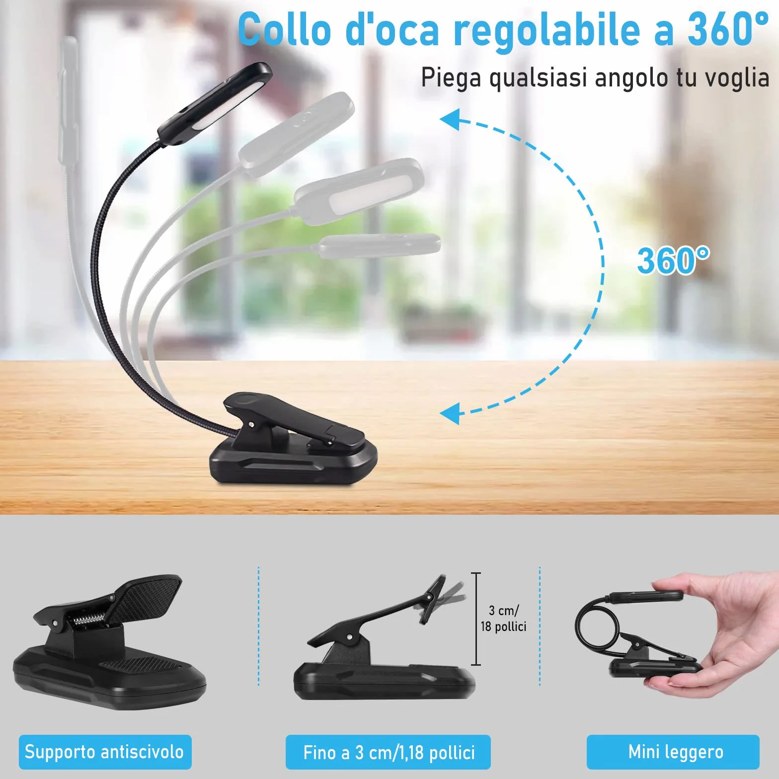 Diboniur Lampe de Lecture LED Rechargeable, 3 Modes de Luminosité 3 Couleurs, 360° Cou Flexible pour Livre au Lit Voyage