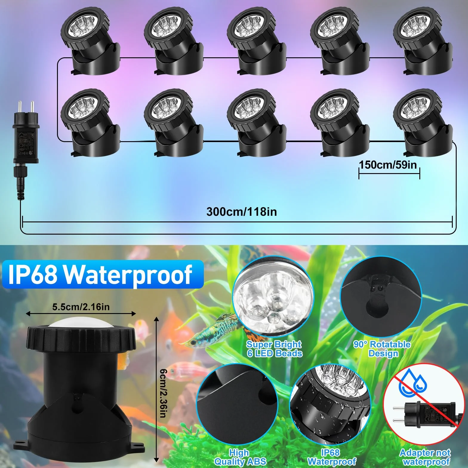Lumières LED Submersible RGB IP68 Etanche avec Télécommande APP, Sync Musique, Lampes de Piscine 10 en 1