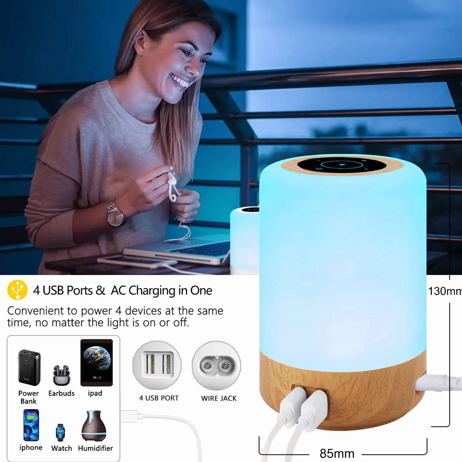 Lampe de Chevet LED Tactile avec 4 Ports USB-A, 8 Couleurs, 10 Niveaux de Luminosité, Veilleuse pour Chambre