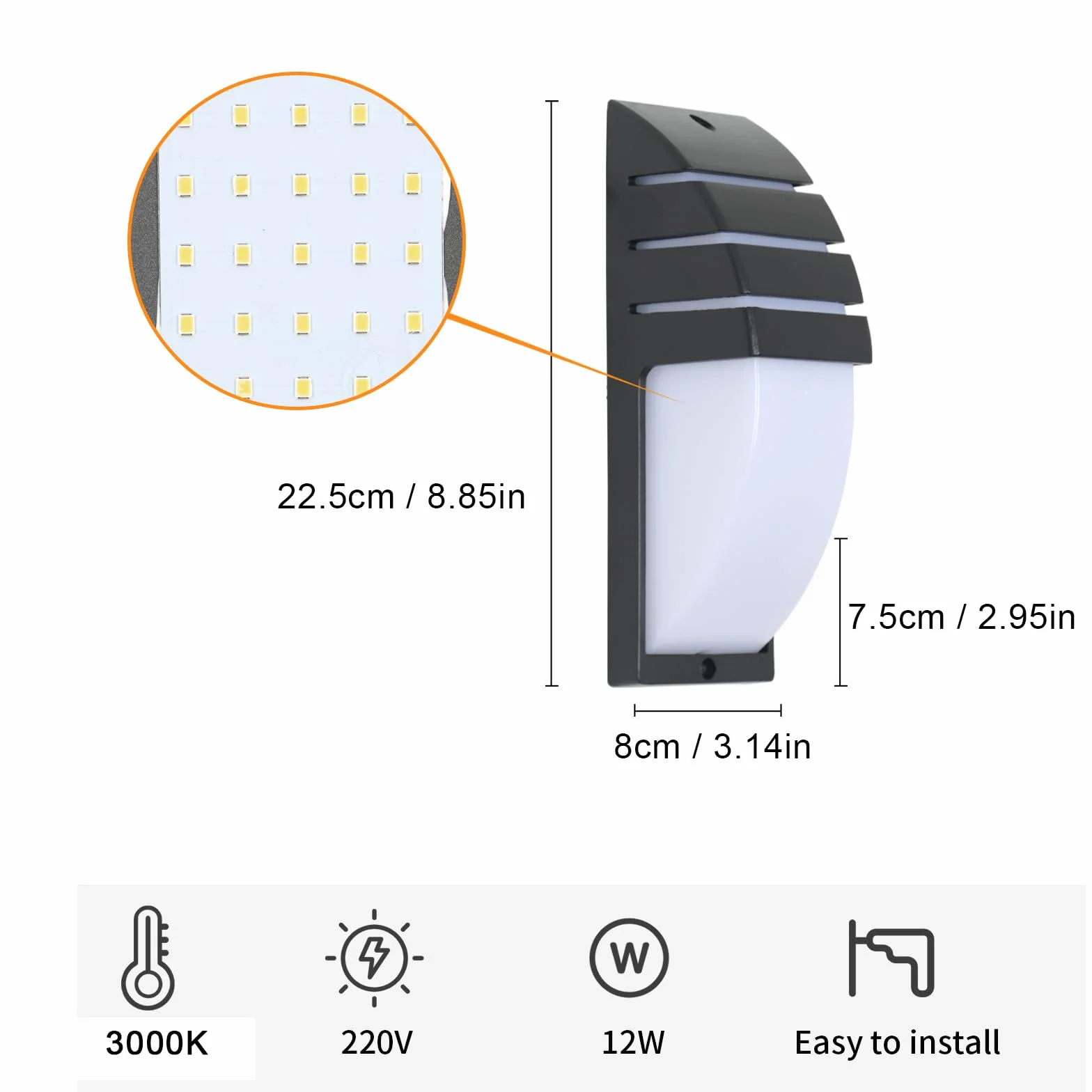 Goeco Applique Murale Extérieure LED 12W 1300LM IP65 Étanche Lampe Murale 3000K Lumière Chaude Noir 22.5CM x 8CM