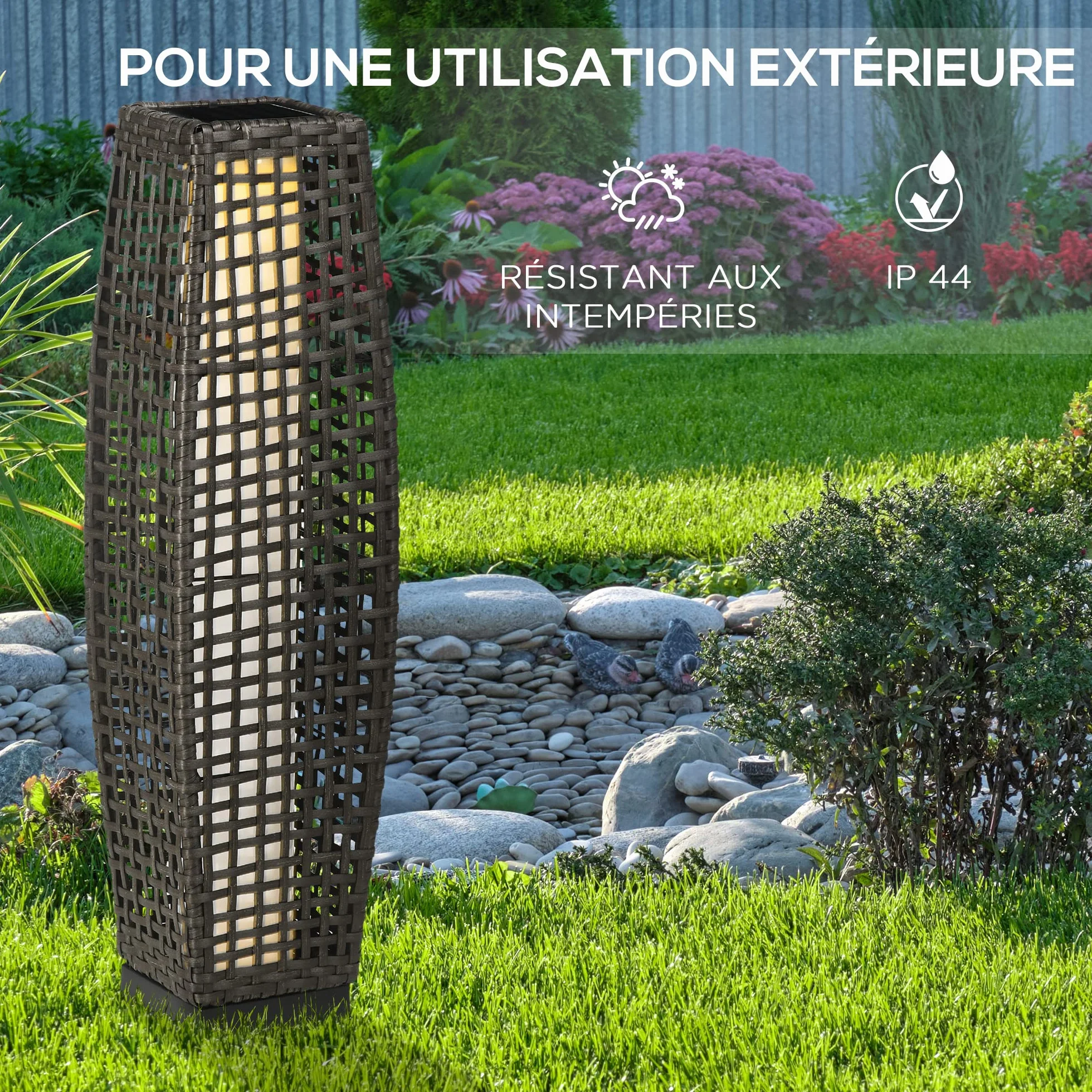 Outsunny Lampe à Poser Luminaire LED de Jardin Solaire en Résine Tressée Imitation Rotin 21 x 21 x 78 cm Gris