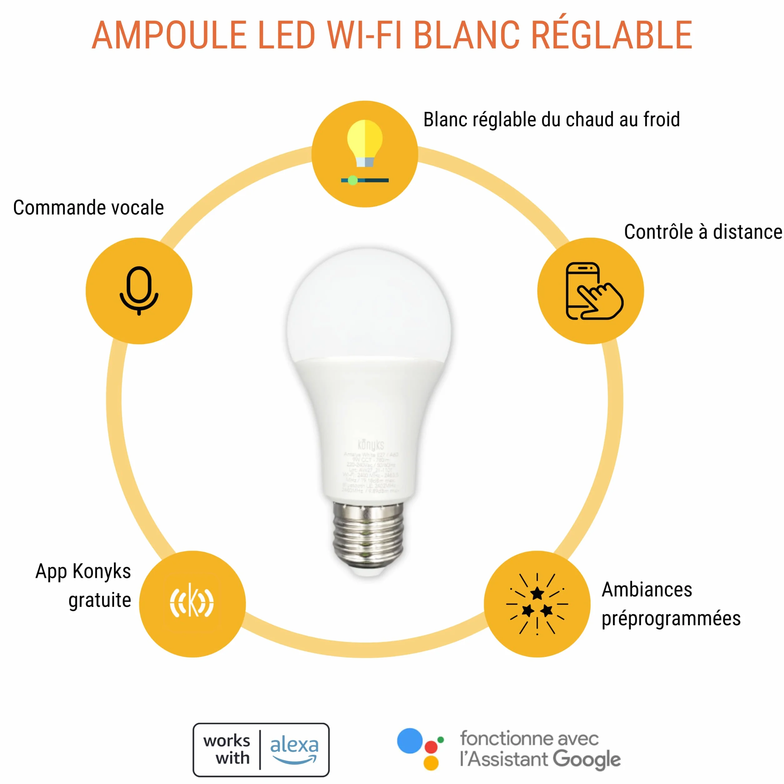 Konyks Ampoule connectée Antalya White E27 LED WiFi BT 780 Lumens 9 W Blanc réglable compatible Alexa Google Home Pack de 2