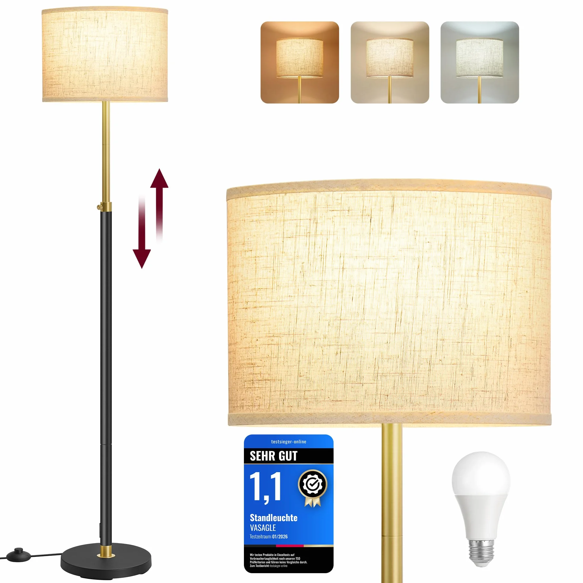 VASAGLE Lampadaire 140-170 cm E27 Doré Noir