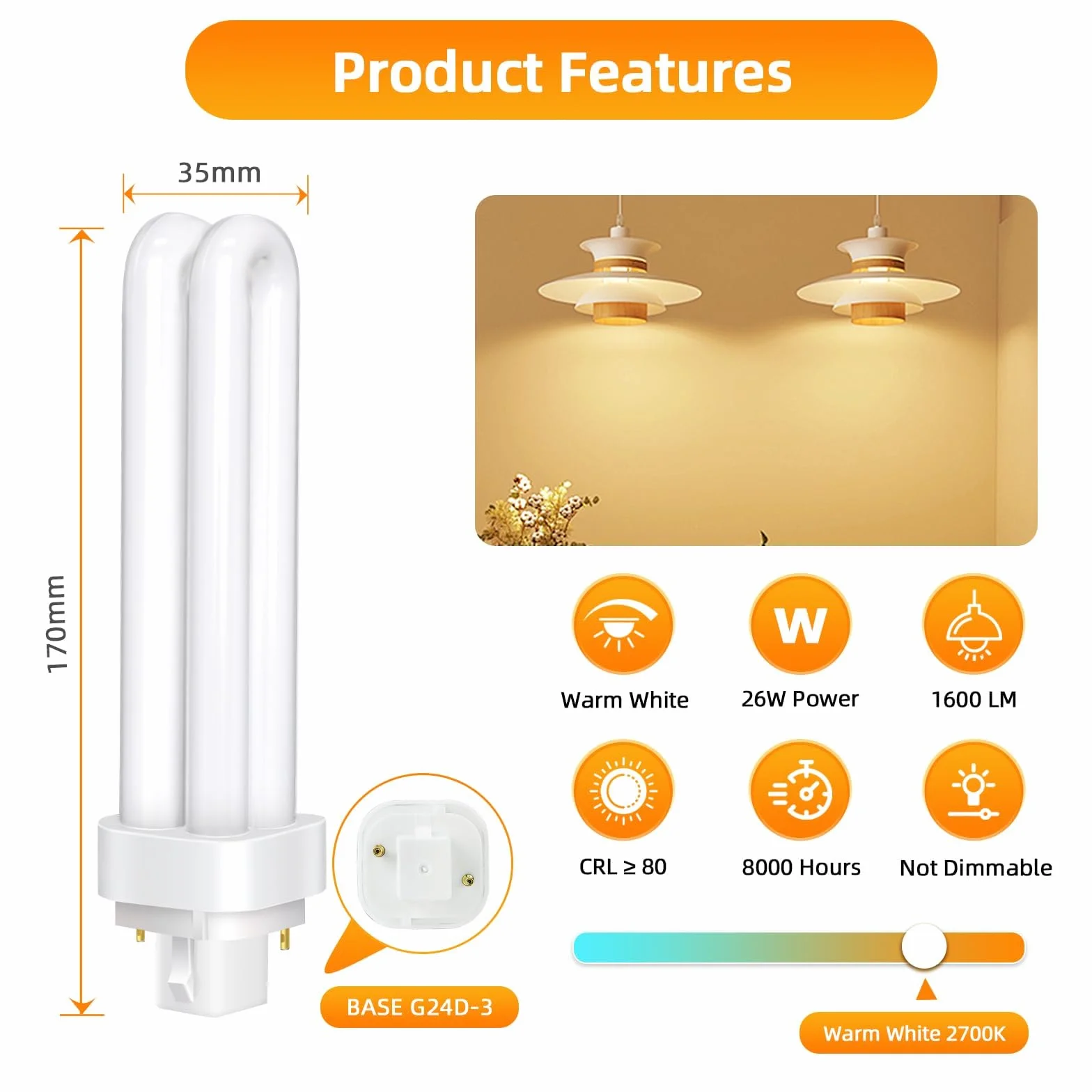 Ampoules Tube PLC G24d-3 2 Broches 26W Blanc Chaud 2700K 1600LM 2U Lampe Fluorescente