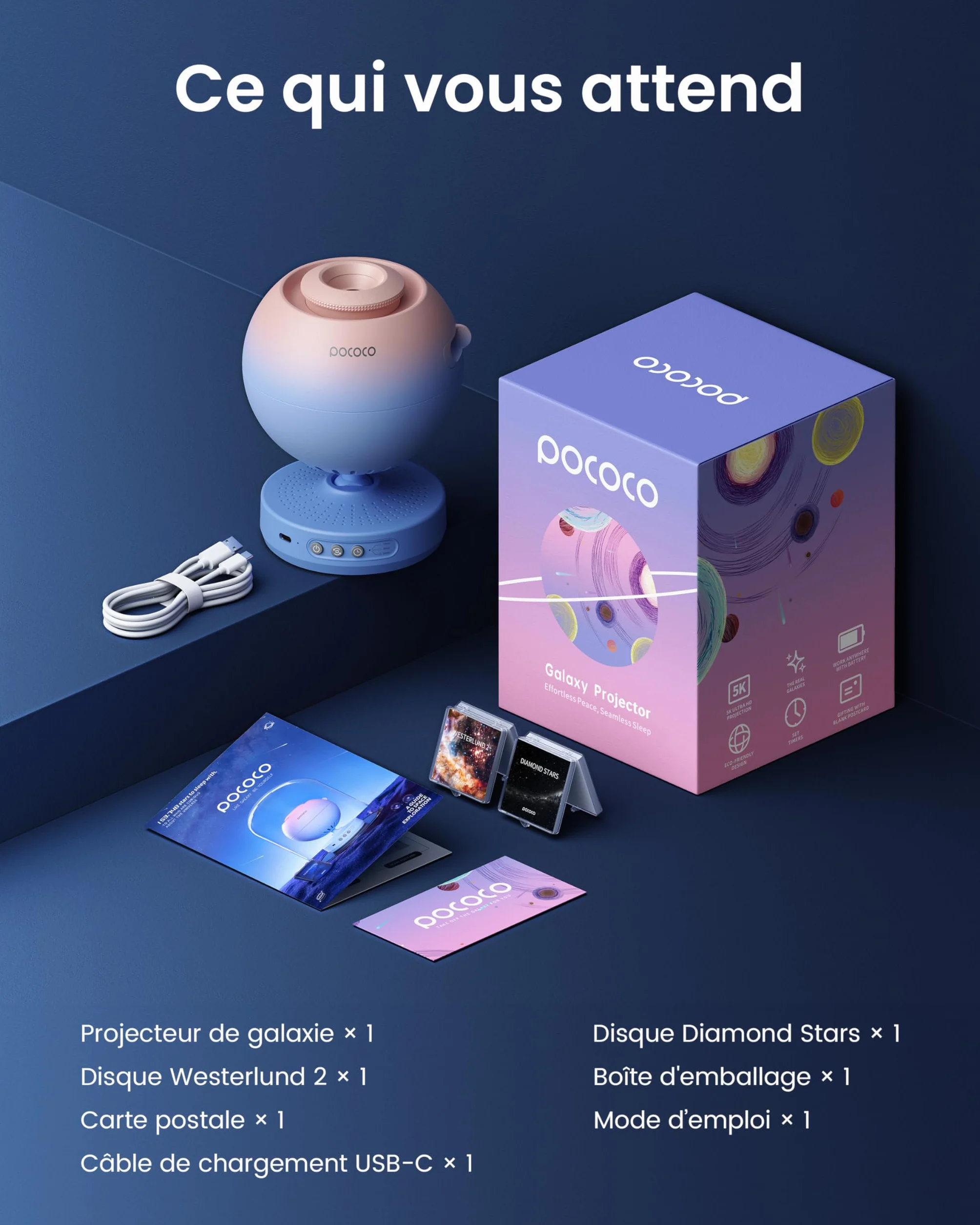POCOCO Projecteur ciel étoile galaxie planétarium avec 2 disques pour chambre décoration sommeil relaxation