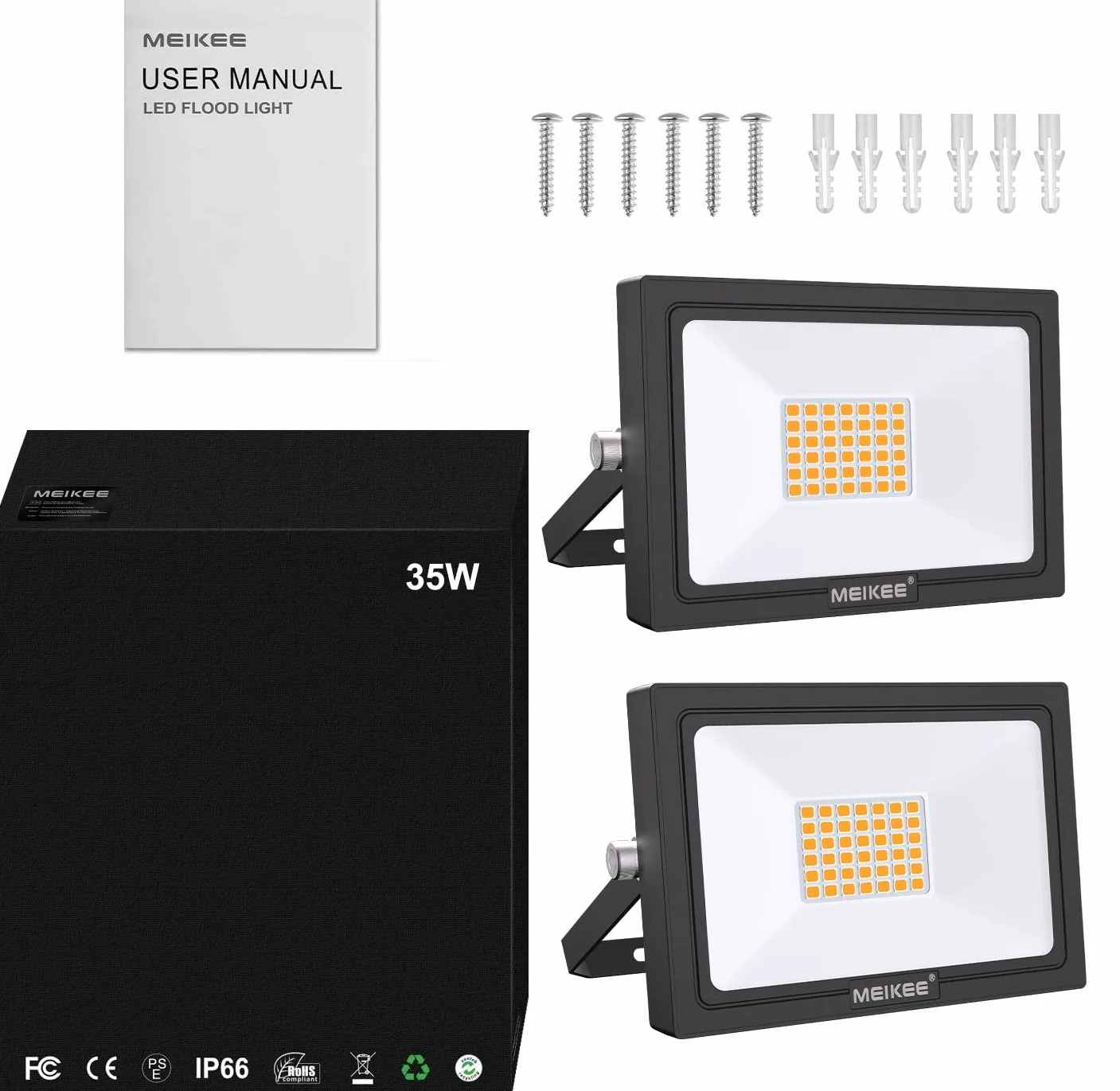 MEIKEE Projecteurs LED Extérieur 35W Lot de 2 Spot LED IP66 Étanche 3000LM Blanc Chaud 2700K