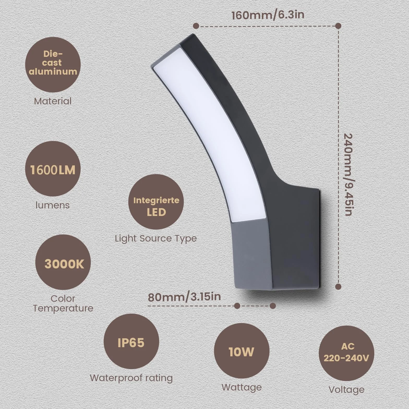 Applique Murale LED Extérieure Aluminium 1600lm IP65 Blanc Chaud 3000K Noir Mat