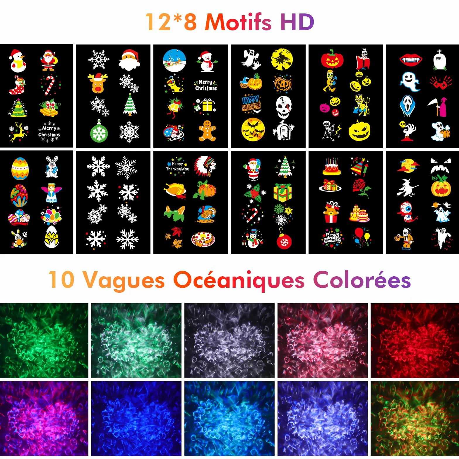 Projecteur Extérieur Intérieur Étanche 12 Diapositives 10 Couleurs Vagues Télécommande Noël Halloween
