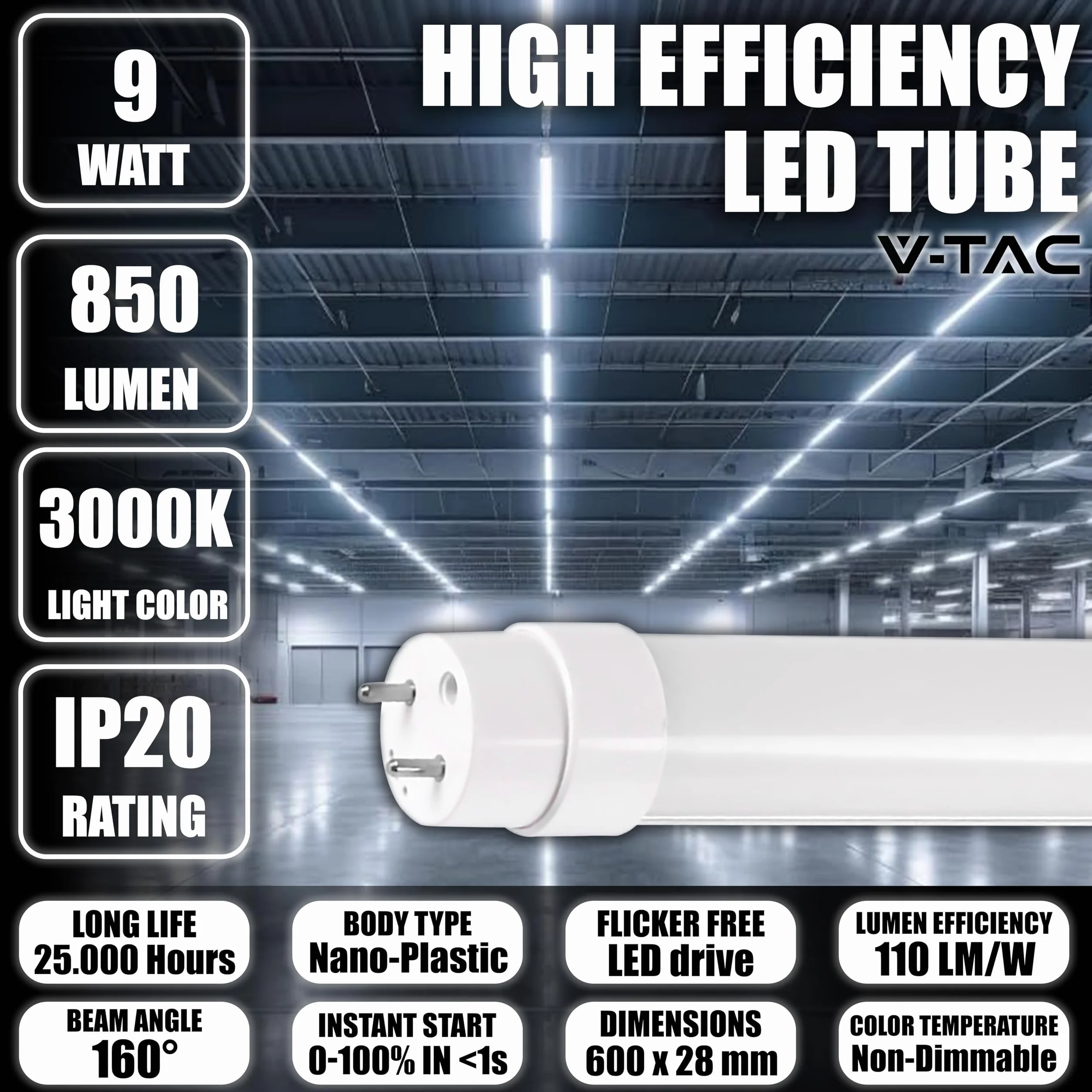 V-TAC T8 LED Tube 60cm 7.5W 850 Lumens 6500K Samsung Chip