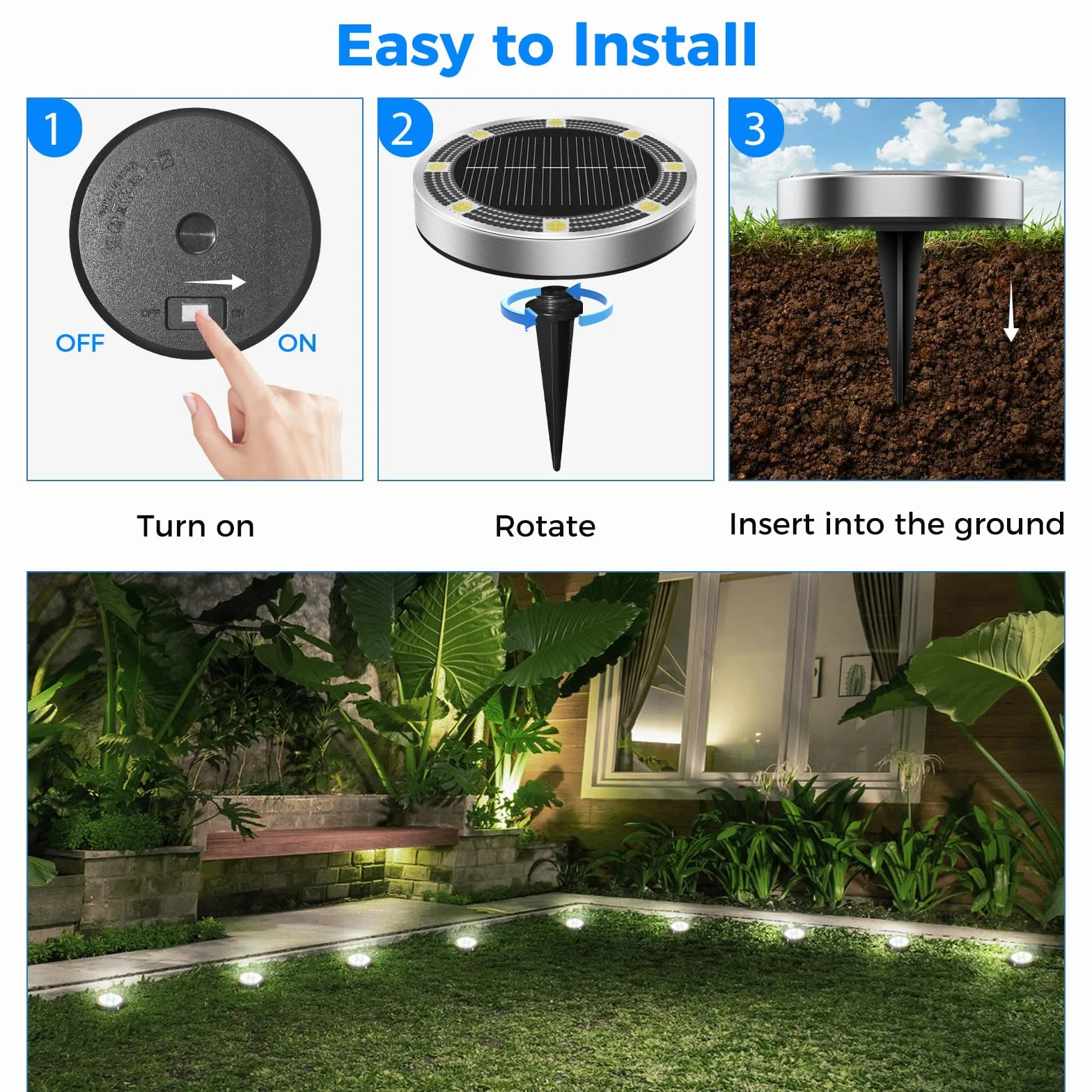 Lampe Solaire Au Sol Lot de 12, Lumiere Solaire Exterieur Jardin 8 LED, Étanche Spot Solaire Extérieur, Eclairage Solaires pour Terrasse Allée Chemins Pelouse Cour Piscine Blanc Froid