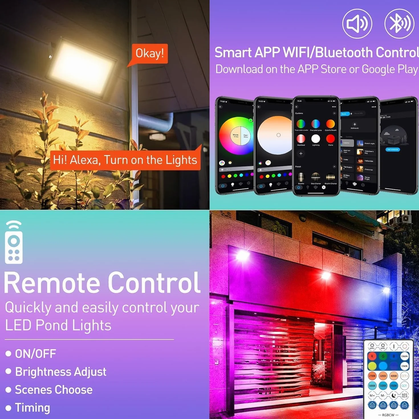 T-SUNUS Projecteur LED RGB 100W Extérieur WIFI Bluetooth Télécommande IP66 2 Pièces