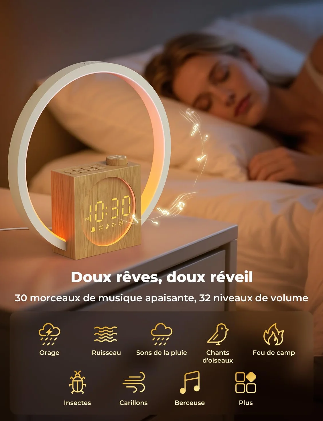 LIORQUE Lampe de Chevet LED avec Réveil Lumineux Simulateur d'Aube, 30 Sons, 20 Niveaux de Luminosité, Minuterie Sommeil 10-480 min