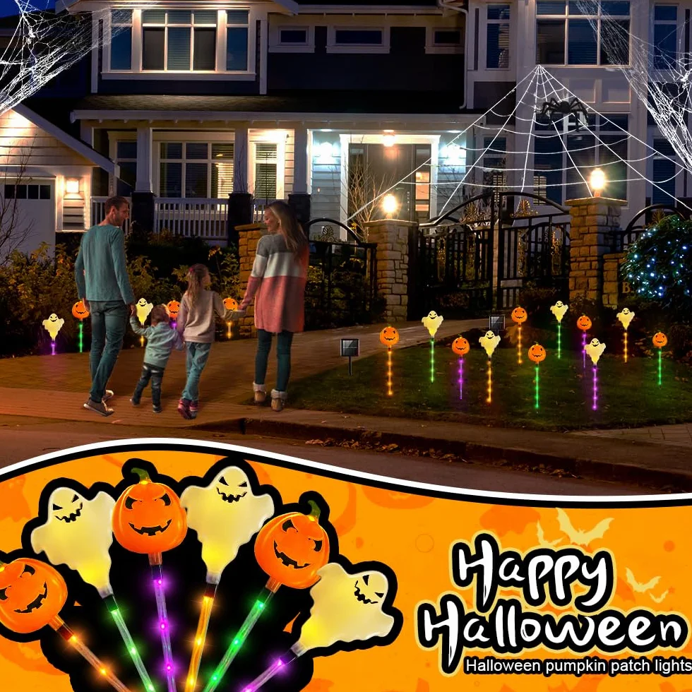 Décoration d'Halloween extérieure 6 pièces, lampes solaires LED, lanterne, pierre tombale