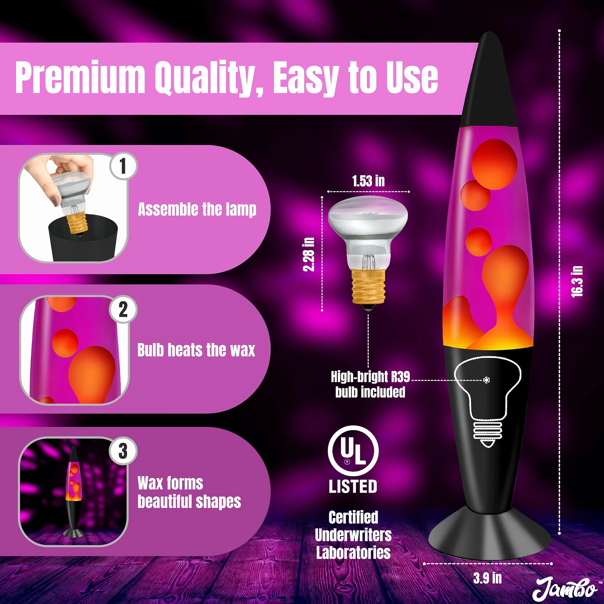 Lampe à Liquide Relaxante 16" Violet/Cire Jaune/Orange pour Salon Bureau Chambre