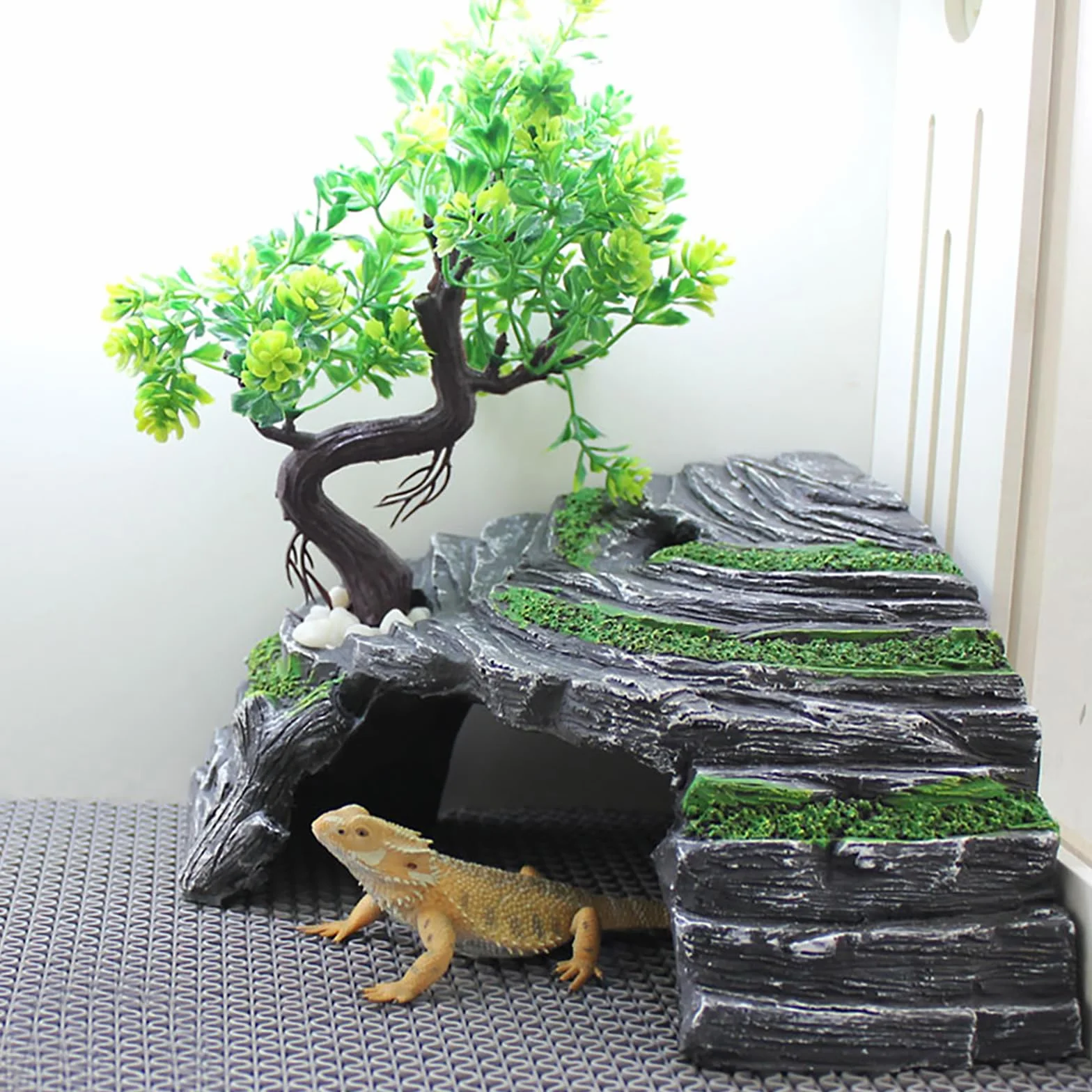 Omem Abri pour Reptiles Terrarium Cachette Rampe pour Tortue Plateforme Décoration d'habitat Humidificateur en résine (M)