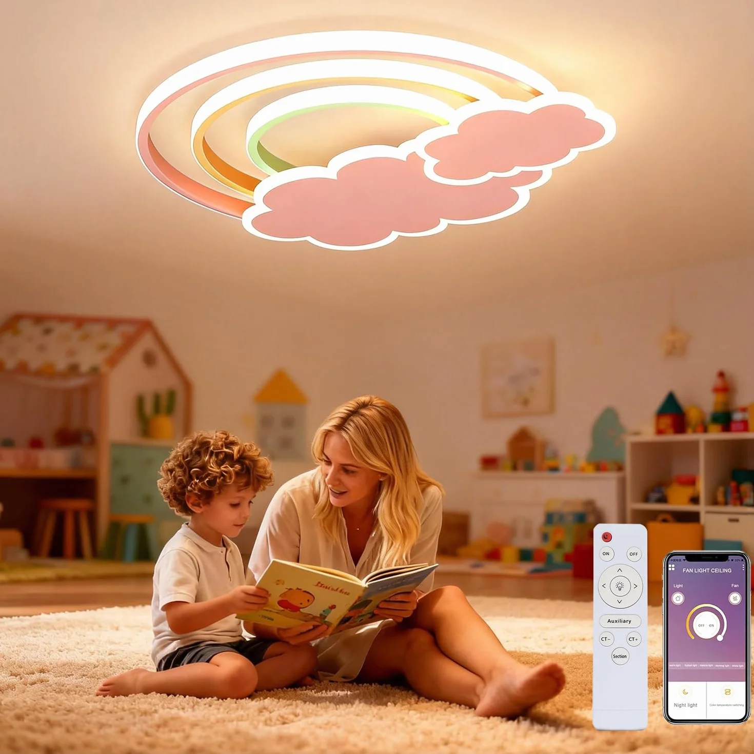 KZT Plafonnier LED Enfant Dimmable Télécommande Nuages Arc-en-Ciel 3000K-6000K
