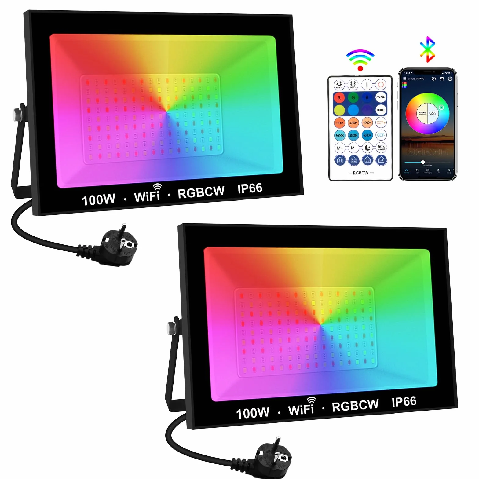 T-SUNUS Projecteur LED RGB 100W Extérieur WIFI Bluetooth Télécommande IP66 2 Pièces