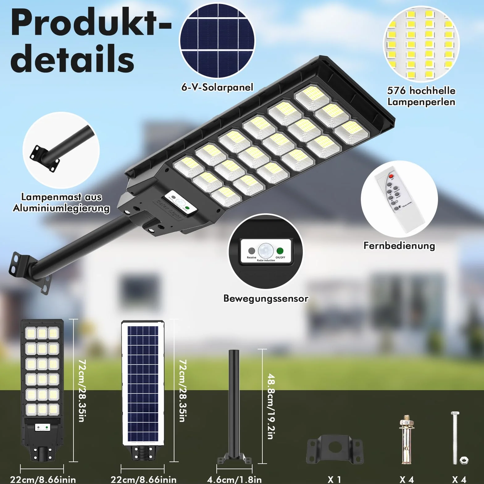 Lampadaire Solaire LED 600W Extérieur IP65 Étanche 6500K Détecteur de Mouvement