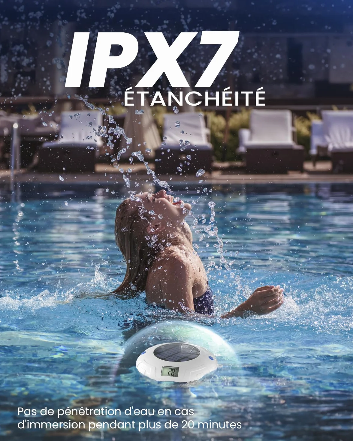 Lampe de piscine solaire avec thermomètre LCD, 8 effets lumineux, étanche IPX7