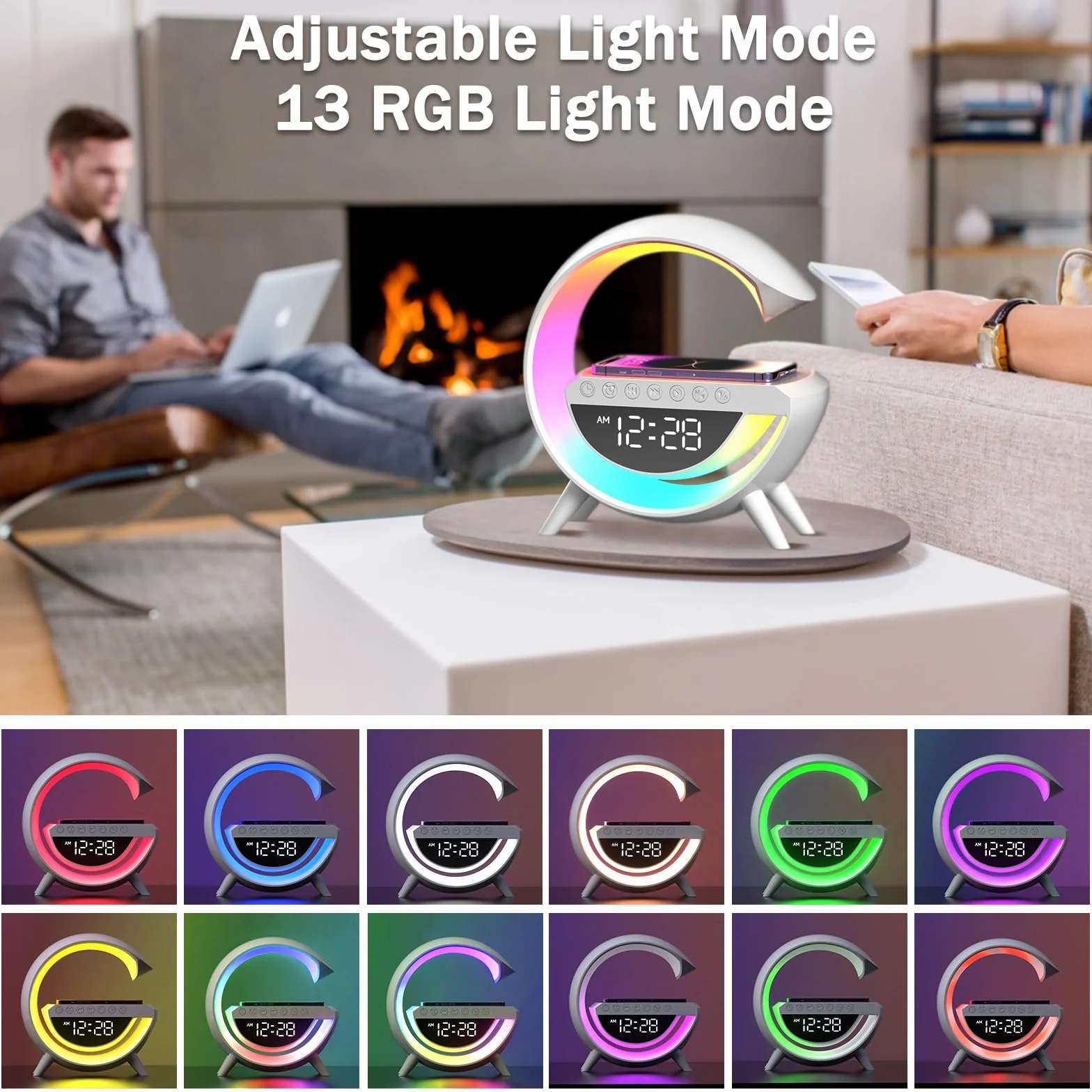 Chargeur sans fil Lampe LED Réveil avec haut-parleur Bluetooth 15W 13 Modes Lumières pour bureau