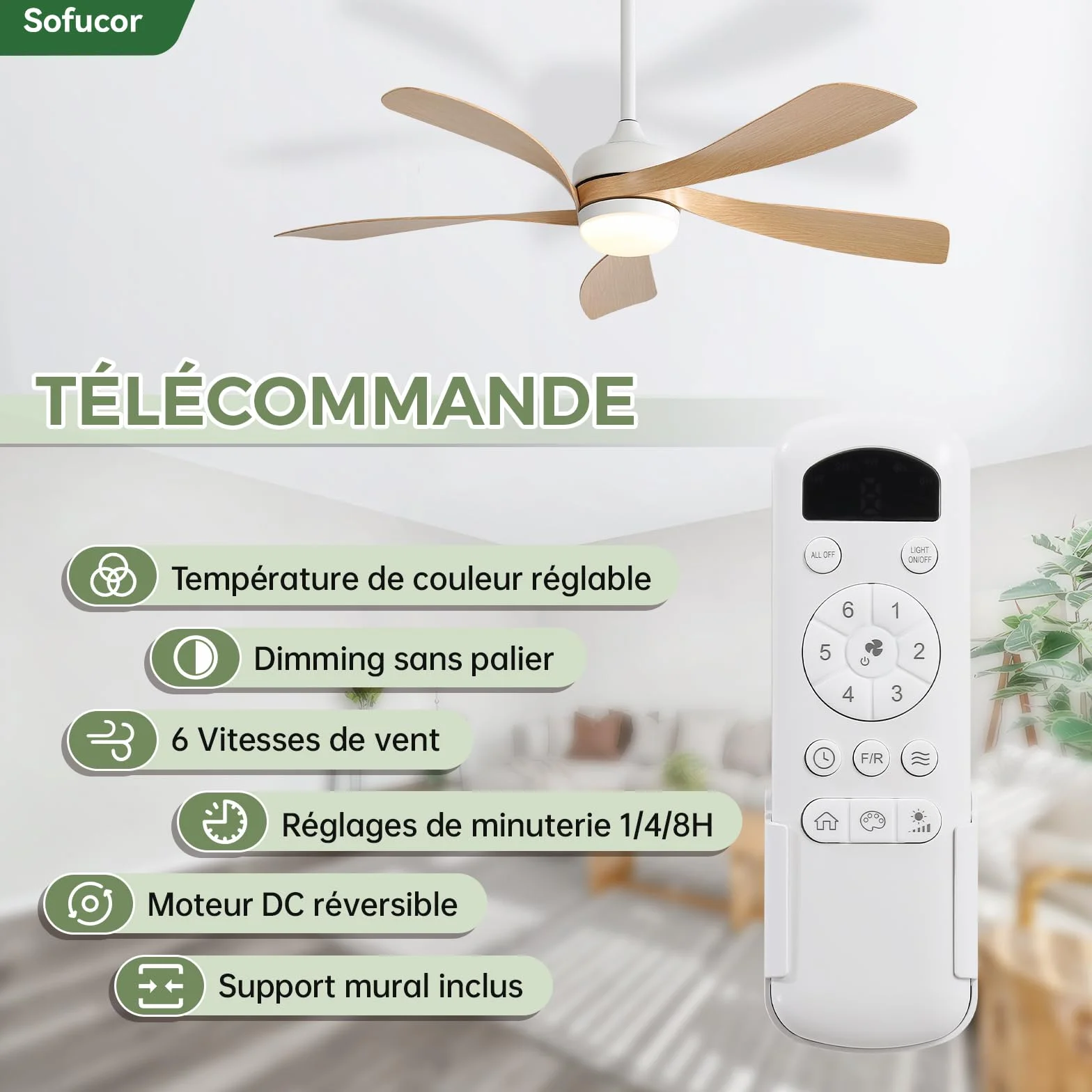Sofucor Ventilateur Plafond avec Lumiere LED 132 cm Dimmable DC Silencieux Reversible 6 Vitesses Minuterie