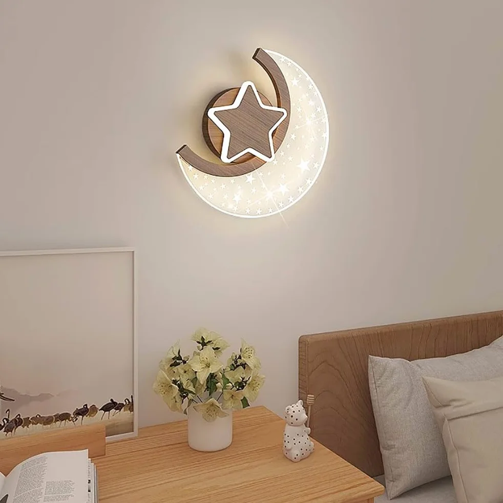 Applique LED Lune Bois 12W Lampe Murale Enfants Etoiles et Lune 3 Couleurs Température Chambre à coucher