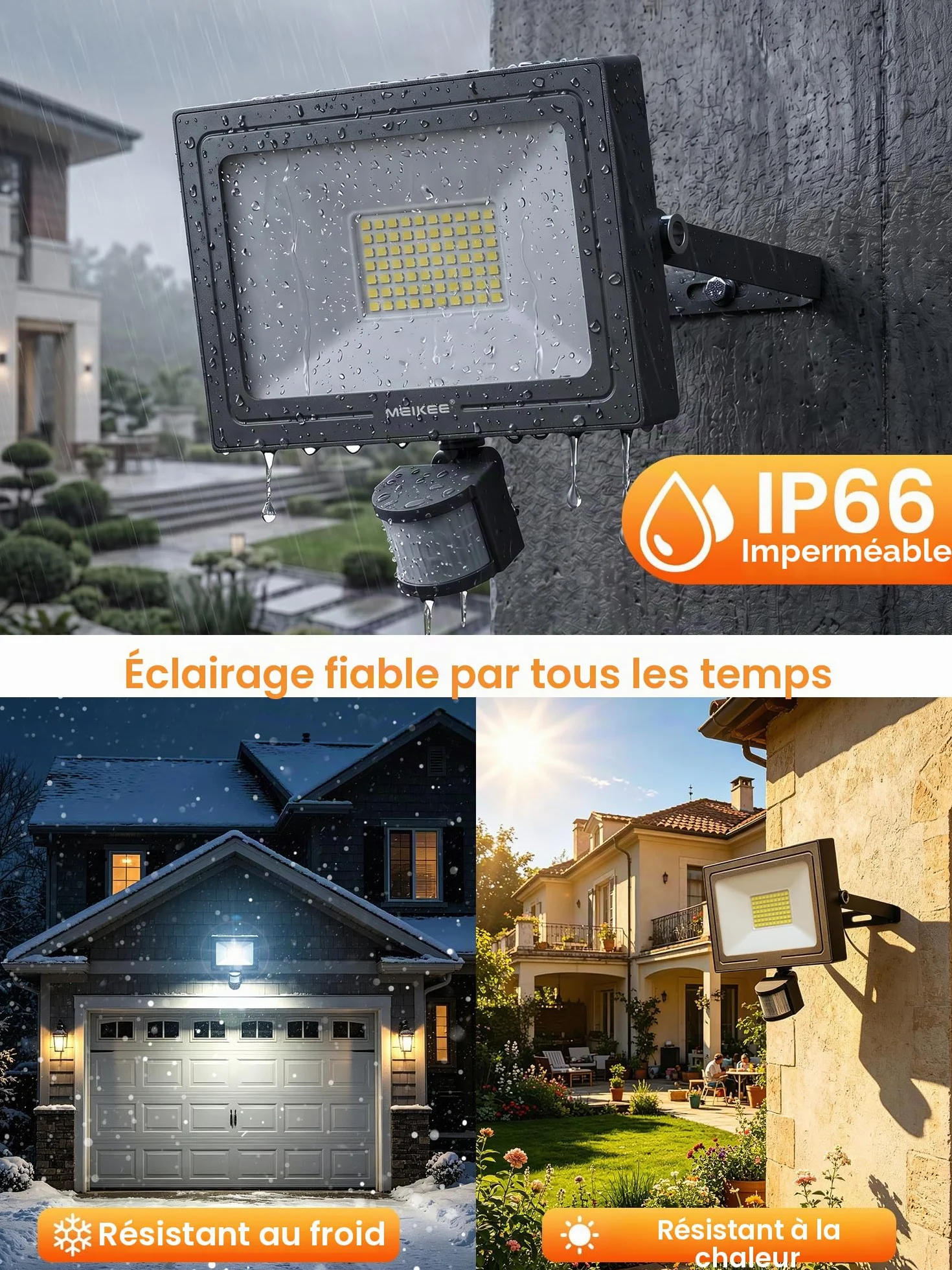 MEIKEE Projecteur LED Extérieur 60W 5640LM 6500K Blanc Froid Détecteur de Mouvement IP66 Étanche Télécommande 4 Modes