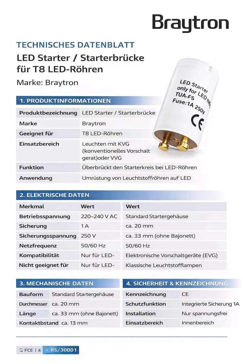 Braytron Lot de 10 démarreur LED factice T8 250 V/1 A - Pont de démarrage pour tube LED